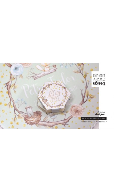 Trusou de botez cu castori, buline gold si ramuri de brad personalizat pentru baieti 14